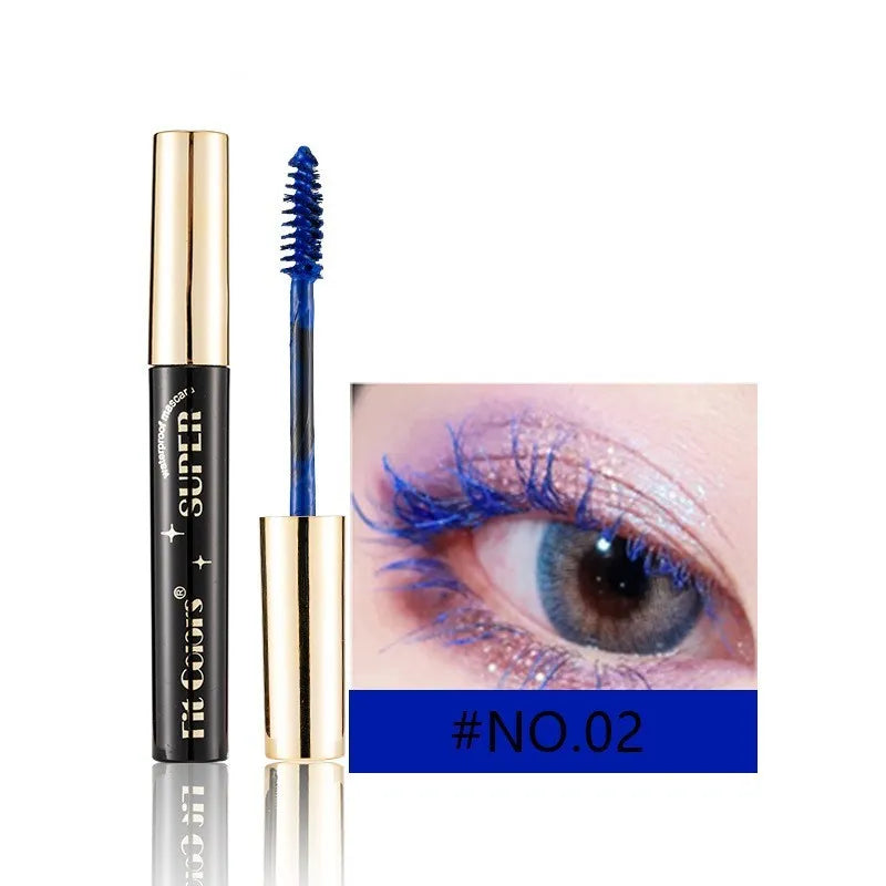 Colourful waterproof mascara tube displaying vibrant shades like wine red, gold, and mermaid green for stage and event makeup.