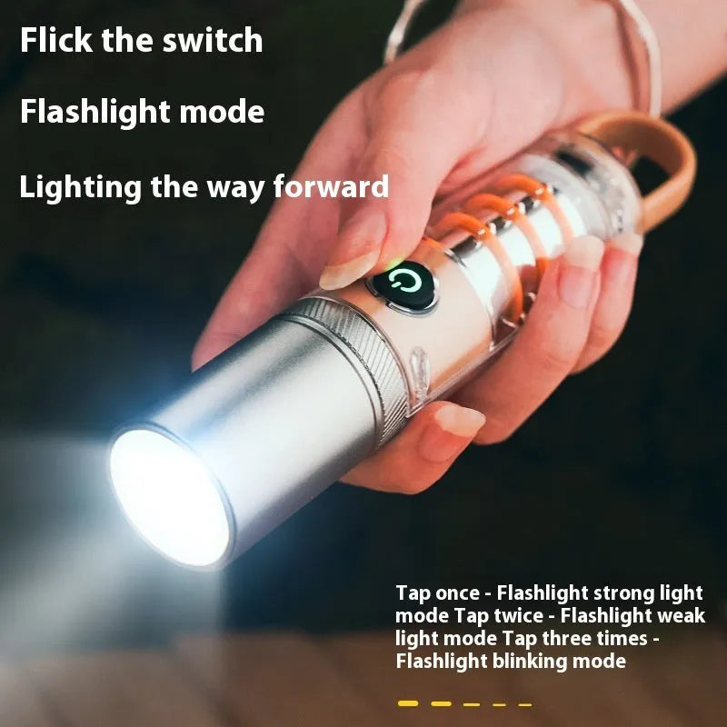 Orange multifunctional 10W flashlight with hook, keychain, and optical zoom on a white background.