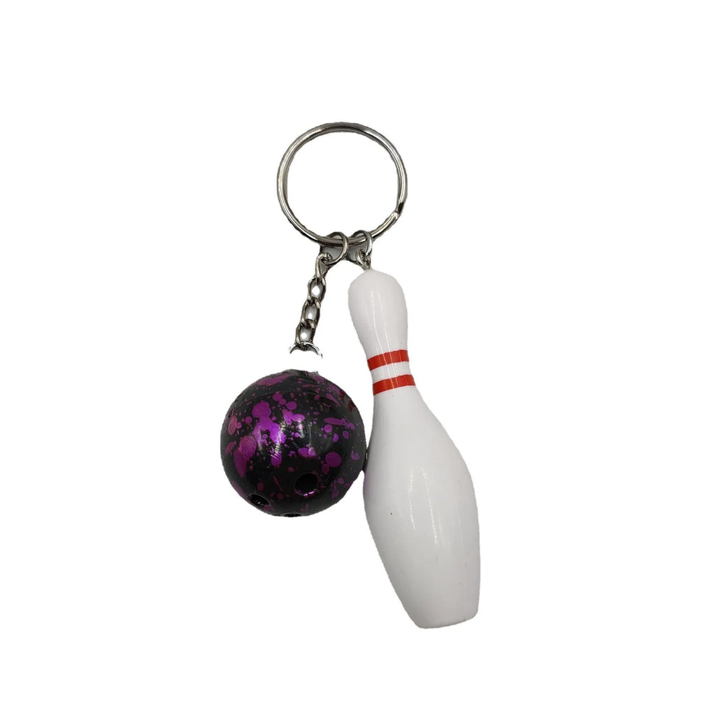 Mini bowling pin simulation keychain pendant in blue colour with metal keyring attachment
