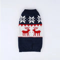 Navy blue knitted dog sweater with Christmas styling on canine model