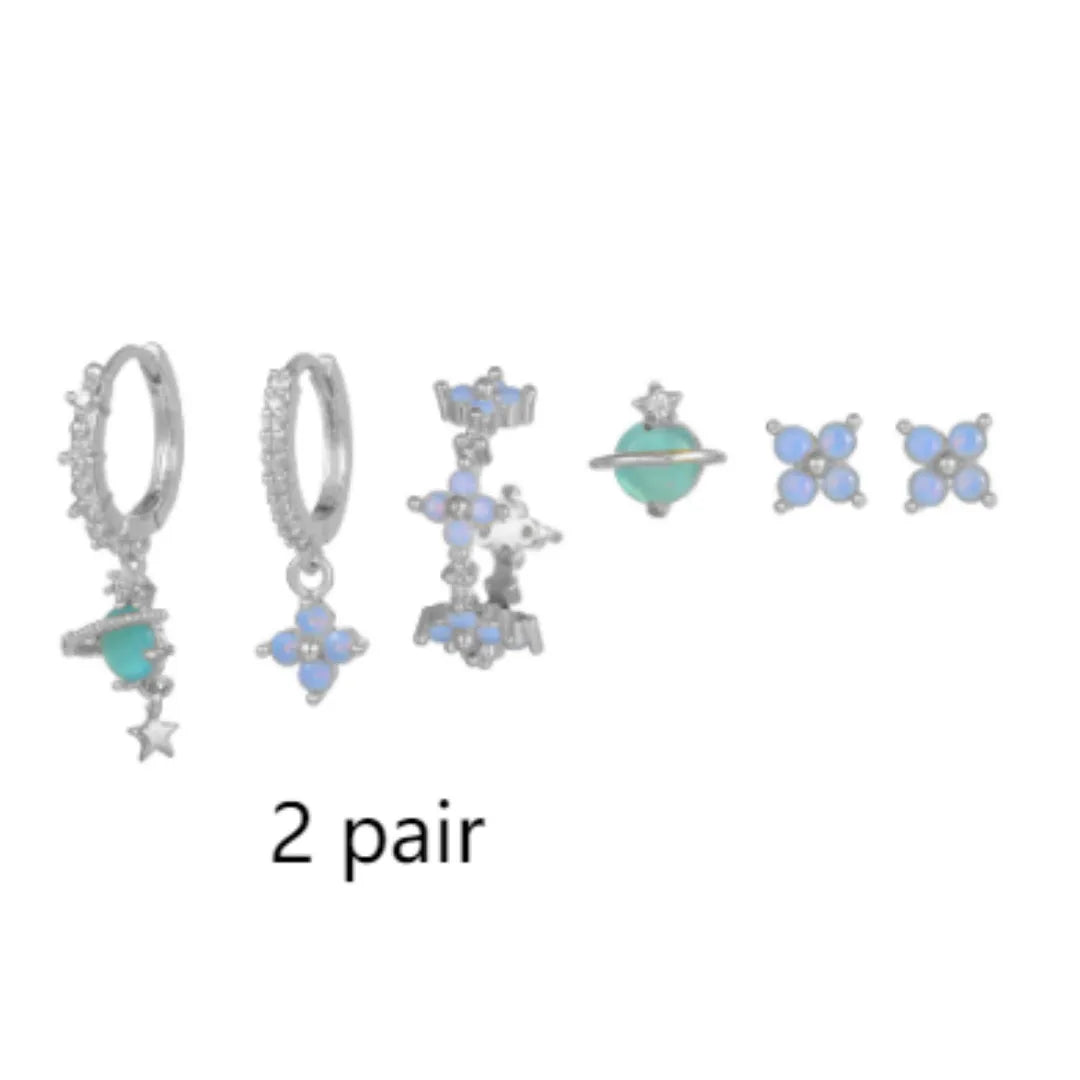 Japanese Korean style flower ear studs with zircon mosaic on copper in gold and silver colours