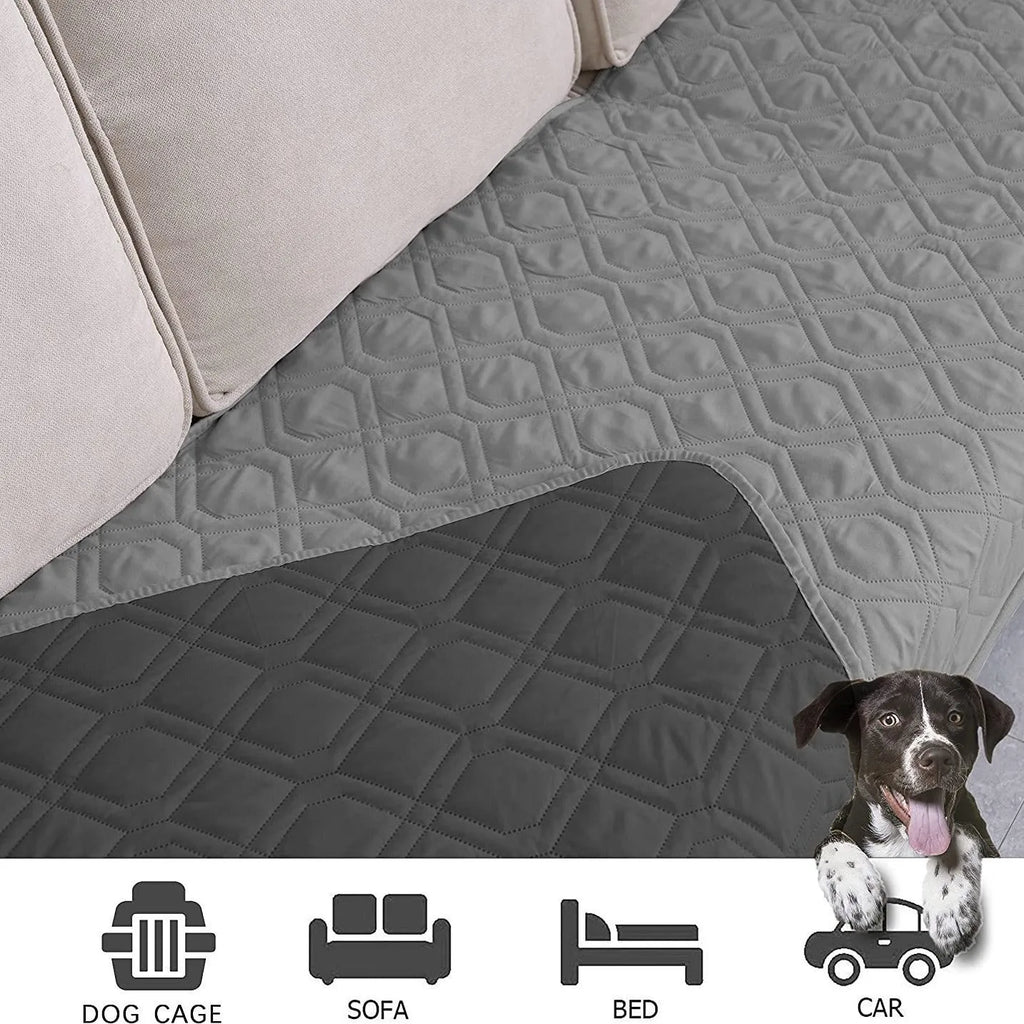 Reversible dog blanket and sofa cover in waterproof washable fabric, showing two colour sides.