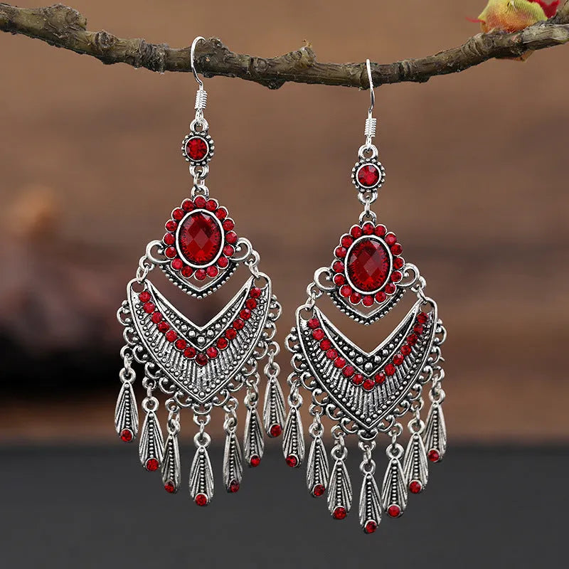 Smart water drop purple retro ethnic-style long crystal fringe earrings with alloy drop shape