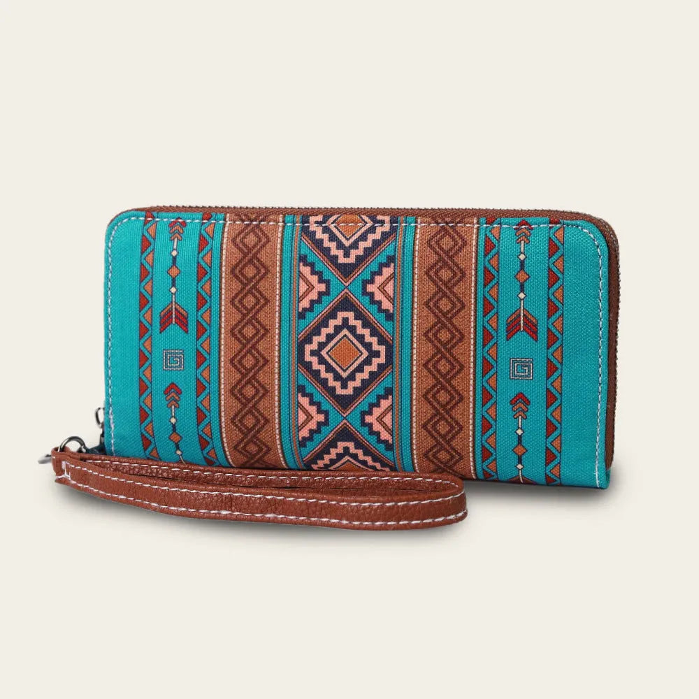 Bohemian stripe pattern canvas RFID-blocking wallet in multiple colour options measuring 20x10x2 cm