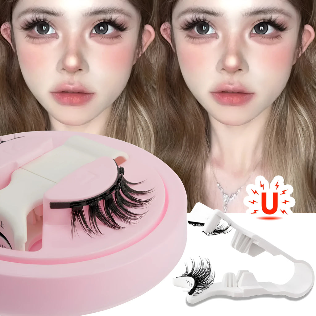 Set of reusable waterproof glue-free false eyelashes in artificial fibre, showing natural thick style.