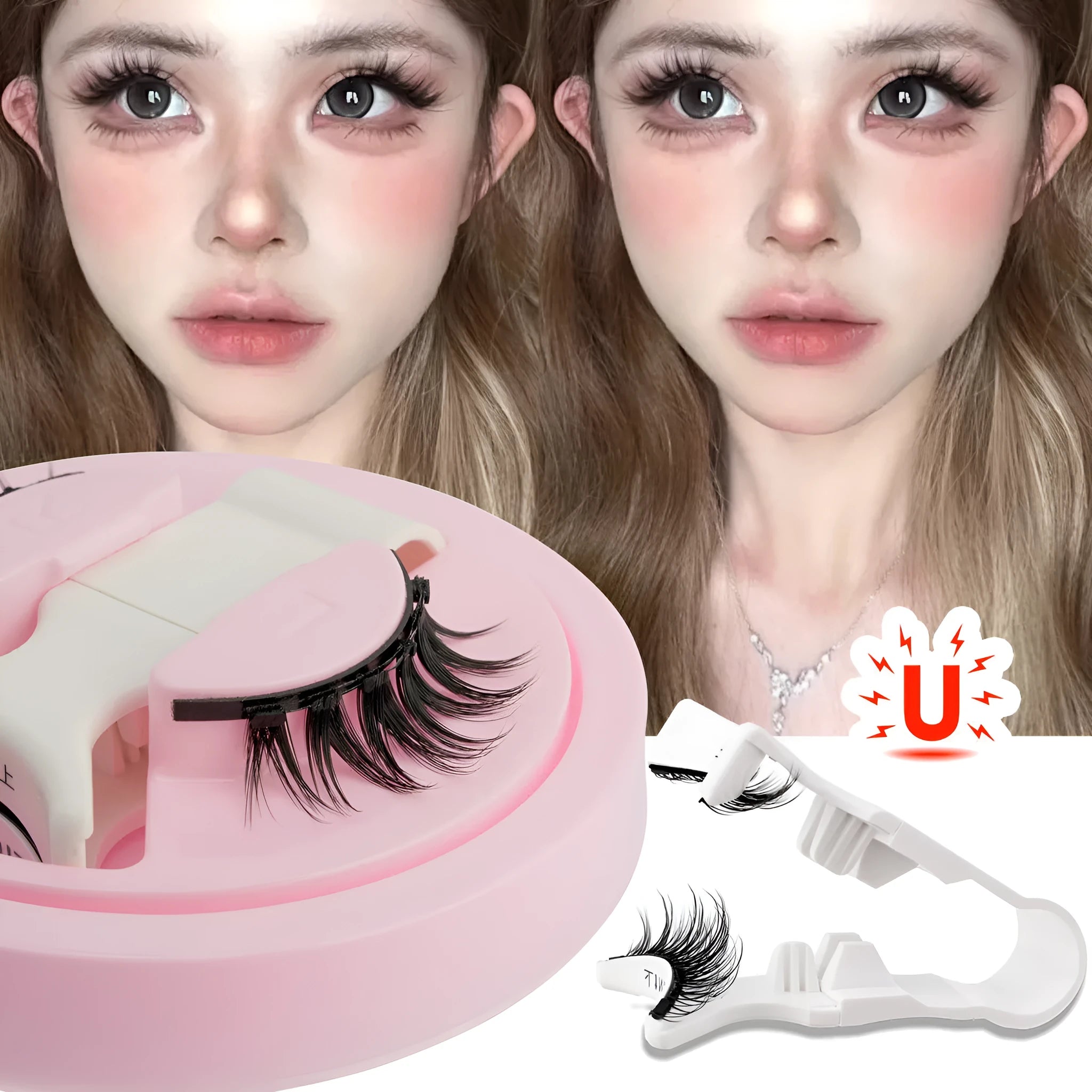 Set of reusable waterproof glue-free false eyelashes in artificial fibre, showing natural thick style.