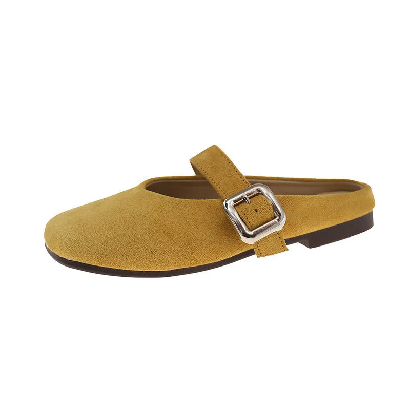 Women's flat closed toe half slippers in apricot, blue, red, or yellow with a square toe and rubber sole.