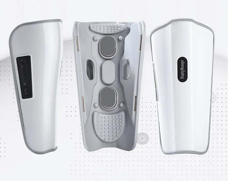 White plastic pulse calf massager with mechanical controls for infrared and electrotherapy modes.