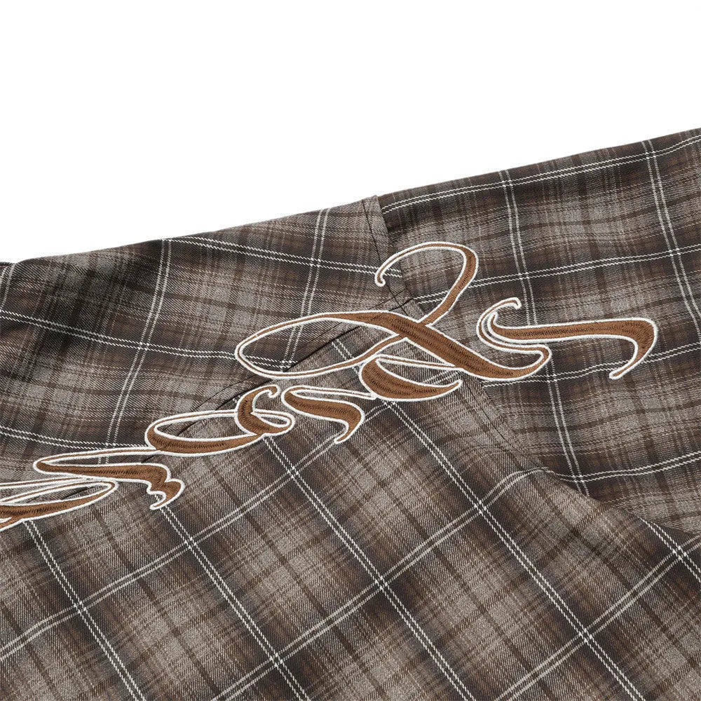 Men's short sleeve plaid shirt with letter embroidery and lapel collar in black or brown cotton blend fabric