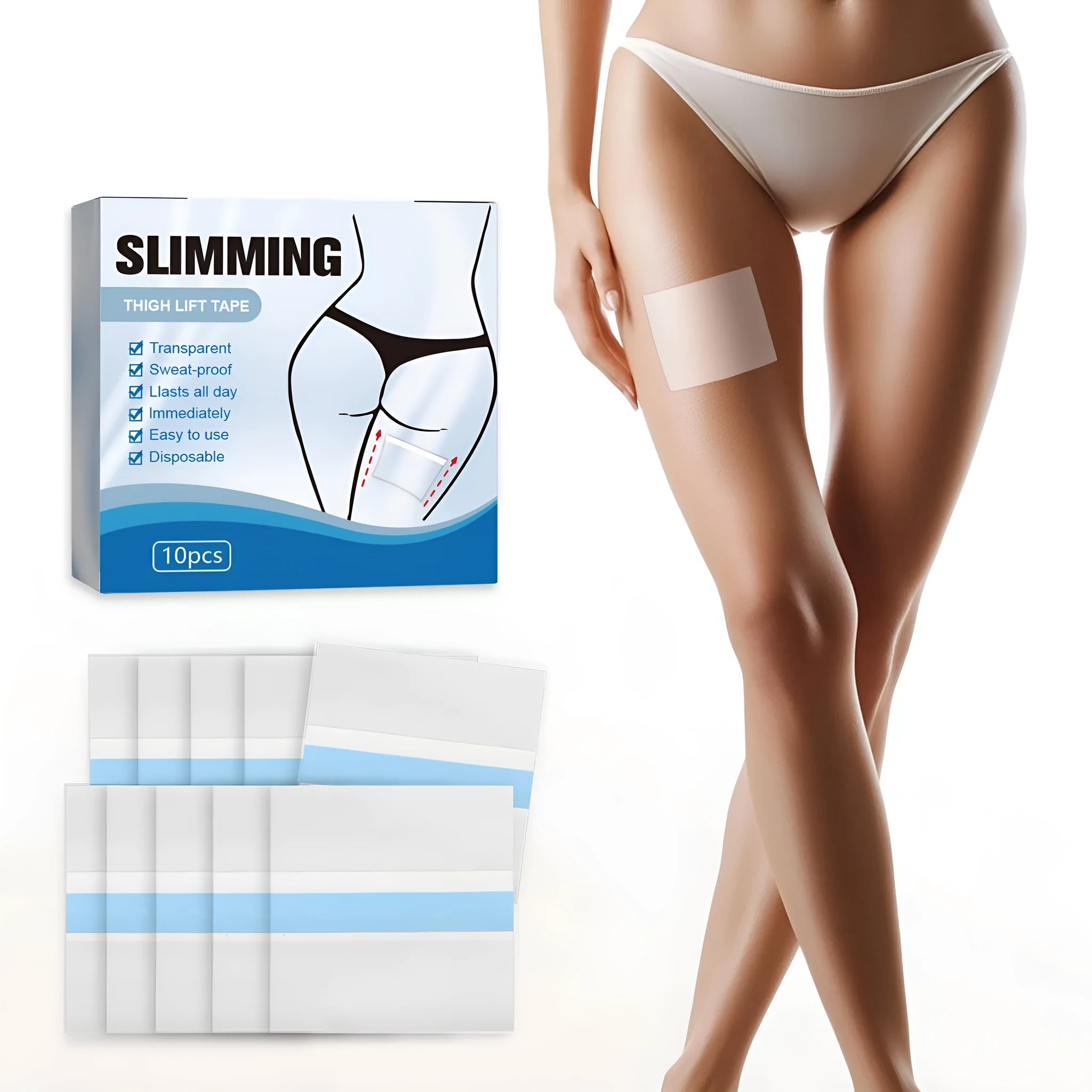 Box of 10 square body shaping sticker patches for navel tightening and contouring.