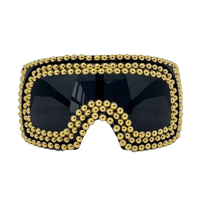 Men's large rim square rivet sunglasses in gold or silver colour with PC construction