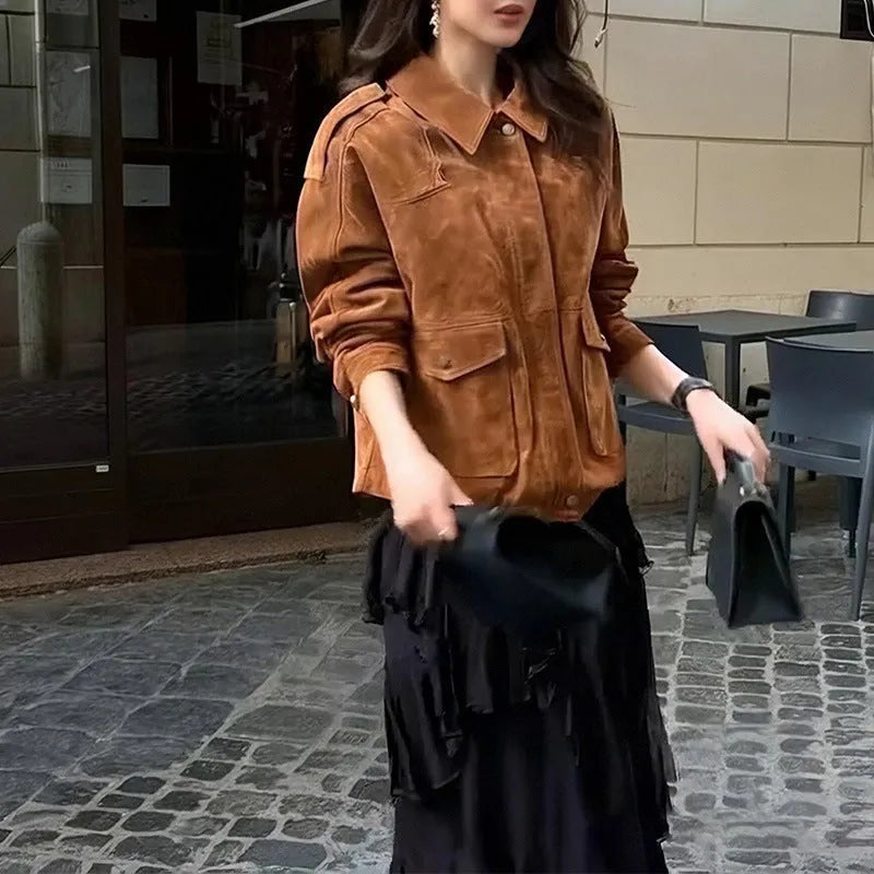 Women's brown polyester suede coat with regular sleeves in street chic style