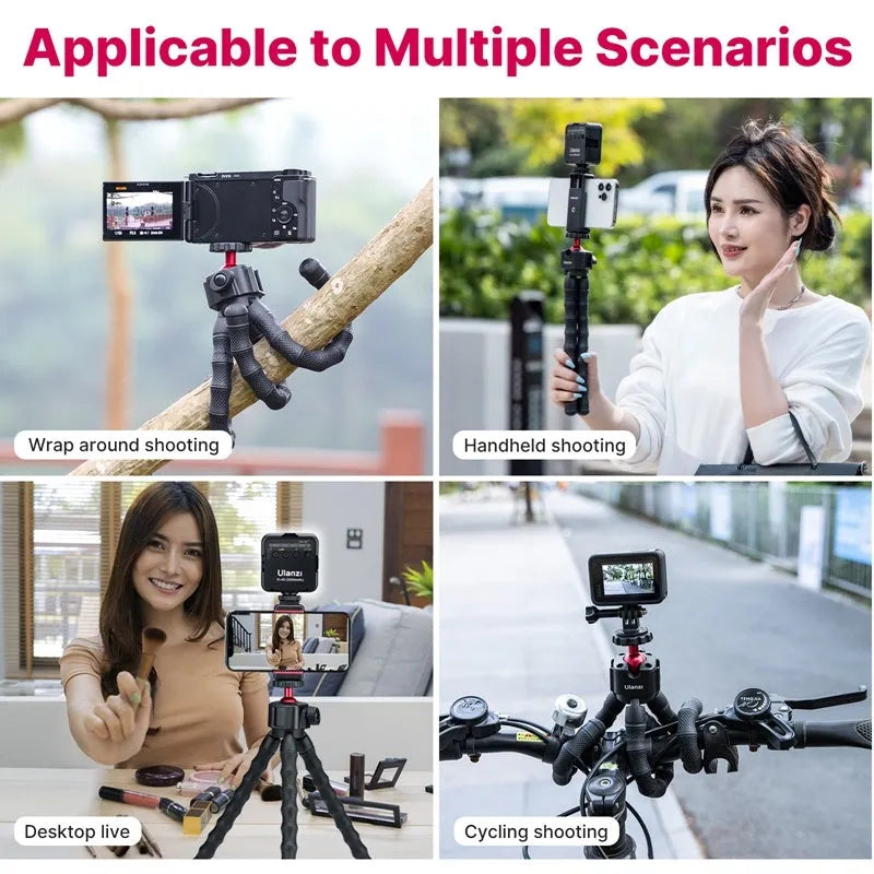 Multifunctional photography and video VLOG suite kit with black, silver, and grey aluminium tripod.