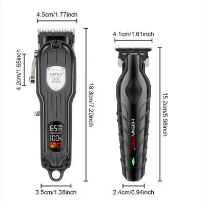 Black professional hair clipper set with LED display and adjustable length lever