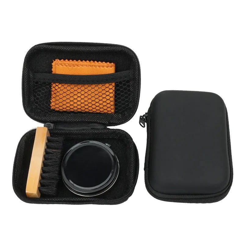 Leather shoe care set with black or colourless maintenance oil, shoe brush, and black bag