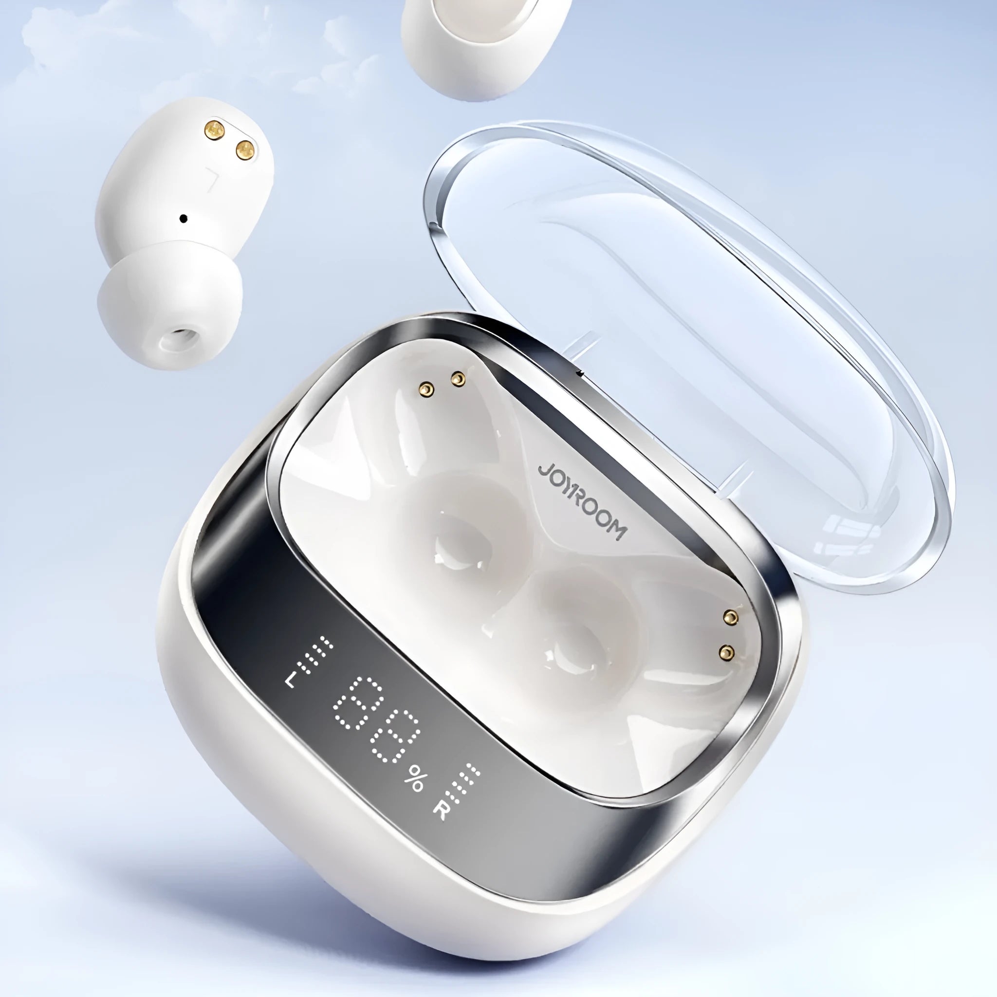 Wireless Bluetooth in-ear headphones with charging case in Dawn White and Starry Sky Black colours.