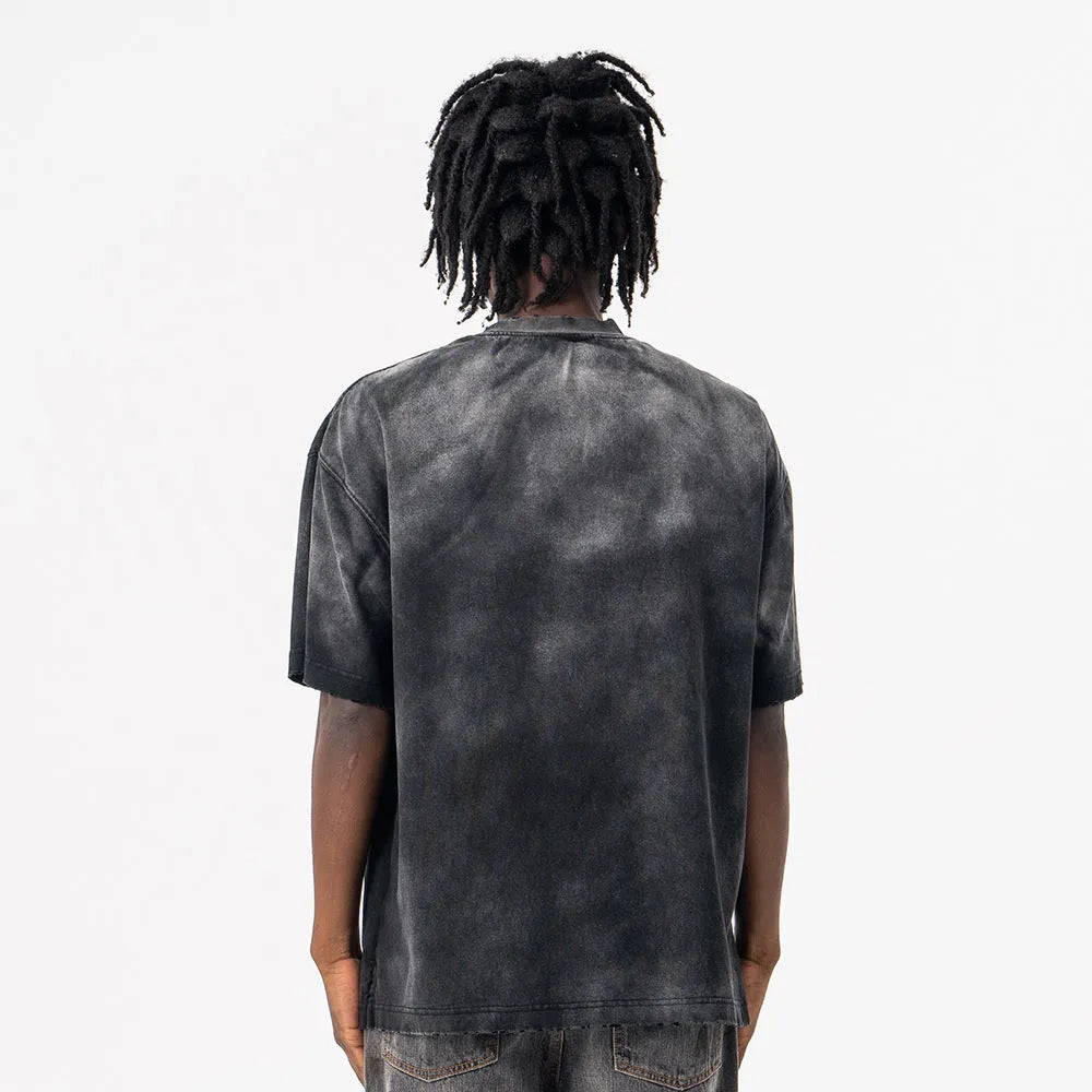 Men's black loose fit cotton t-shirt with printed letter pattern and short sleeves