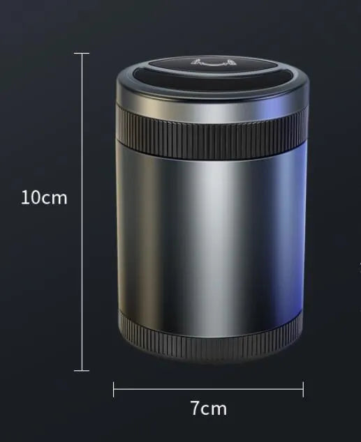 Automatic sensing vehicle mounted ashtray with USB port in Deep Sky Grey, Black, Red, or Sea Blue.