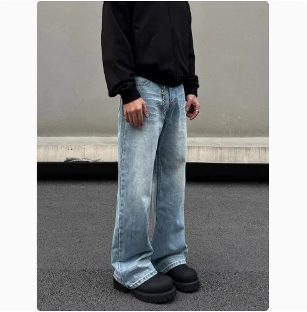 Men's blue straight jeans with retro whisker washing and flared leg style