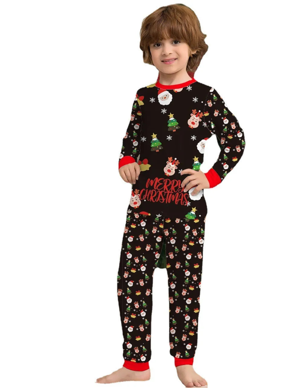 Family wearing matching Christmas pajamas with plaid design, including adults, children and dog in coordinated sleepwear