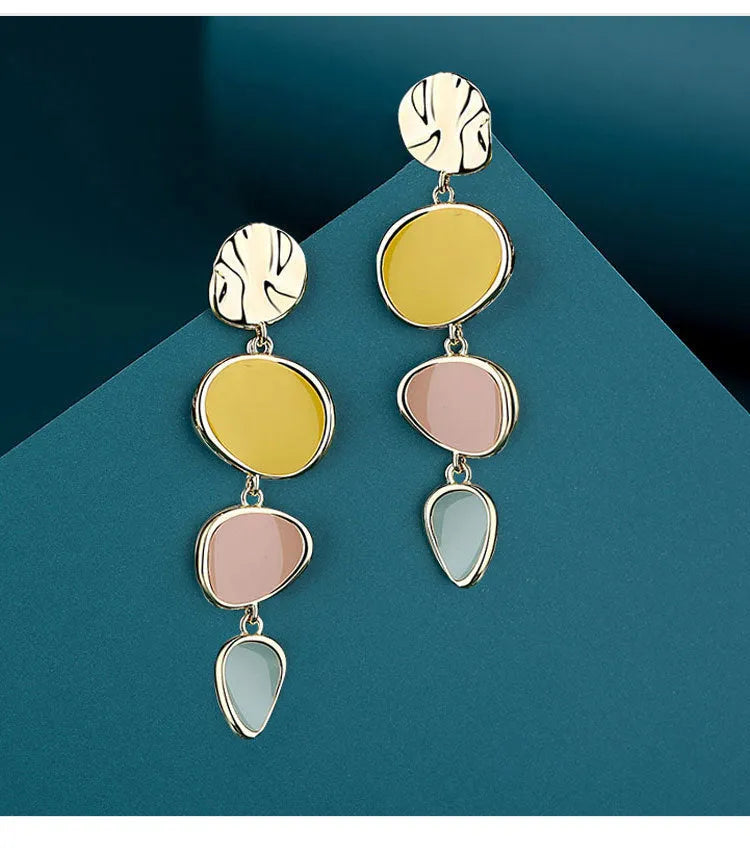 Morandi three-colour oil-dripping disc earrings with sterling silver needle on white background