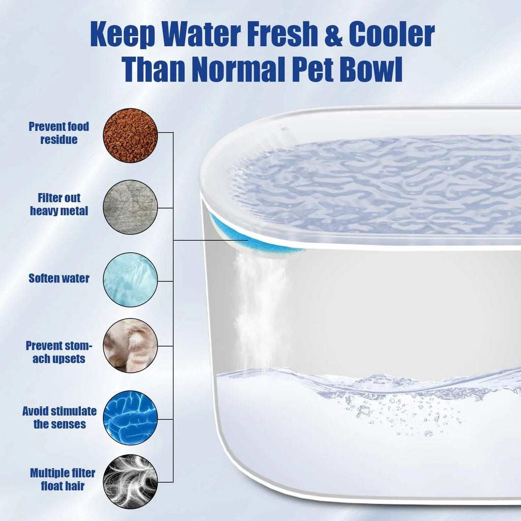 Berlin blue coloured 3-litre pet water fountain with filter and LED light indicator on a floor.