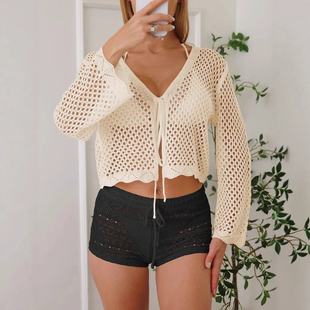 Women's hollow woven cardigan blouse with bell sleeves in solid colour