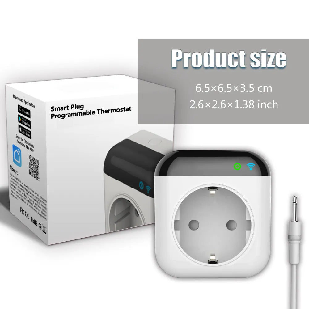 White Tuya Wi-Fi smart temperature control switch socket with US plug and temperature sensor probe