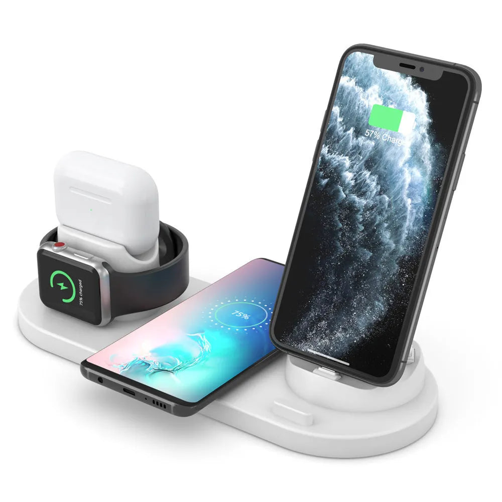 Black and white 6-in-1 wireless charging station with phone holder, AirPods and iWatch charging