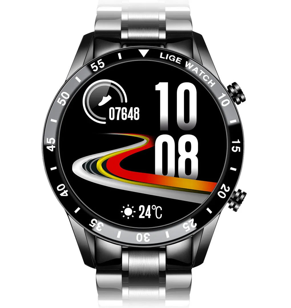 Stainless steel smart watch with a black band and a 1.3-inch touch screen display.