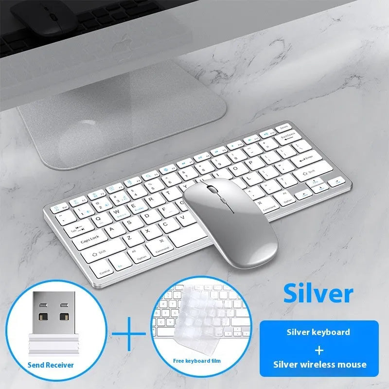 Ultra-thin wireless keyboard and mouse suit in black, gun colour, or silver with rechargeable batteries