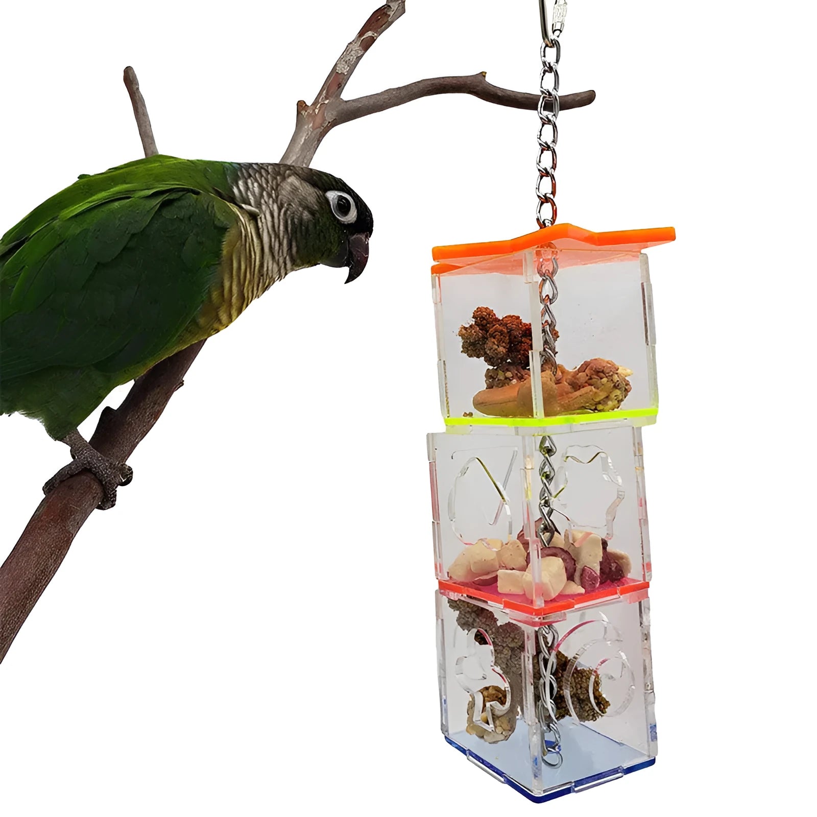 Clear acrylic parrot foraging toy measuring 32cm long with square cross-section