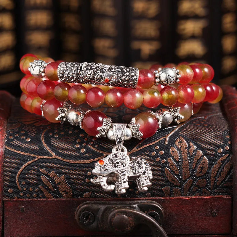 Natural watermelon crystal bracelet with Chinese knot and geometric elephant-style beads