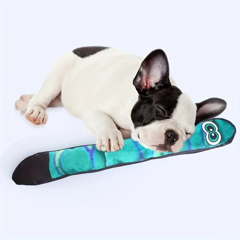Snake shaped plush dog squeaky toy with blue and green stripe print design