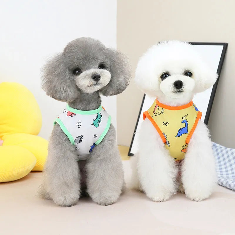 Pet clothing for dogs and cats in yellow, blue, or white, sizes S to XXL, 25% cotton 75% polyester casual spring summer outfit.