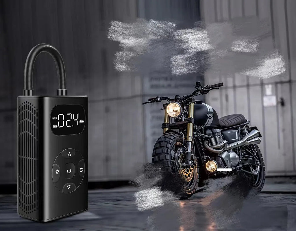Black cuboid USB power bank tyre inflator with attached air tube for cars and motorcycles.