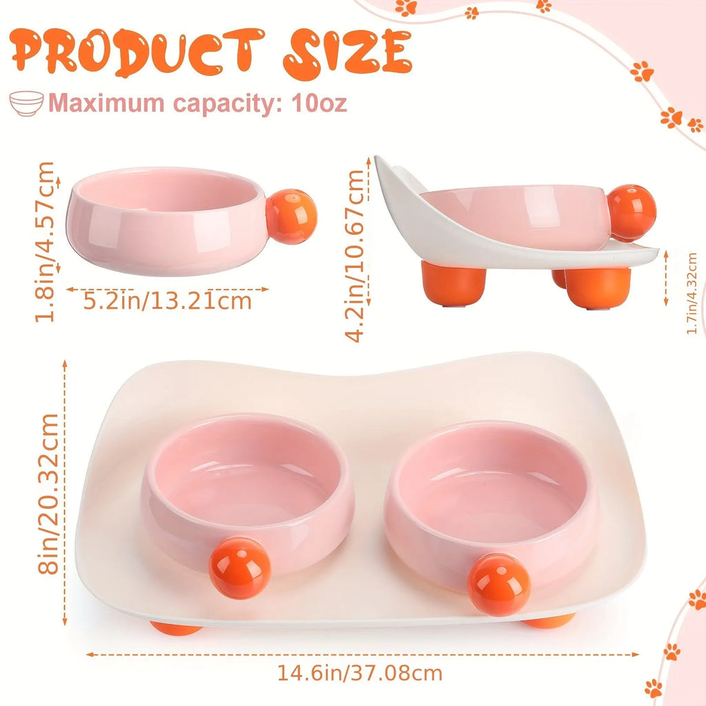Double ceramic pet bowl set in raised design with non-slip support for small dogs and cats