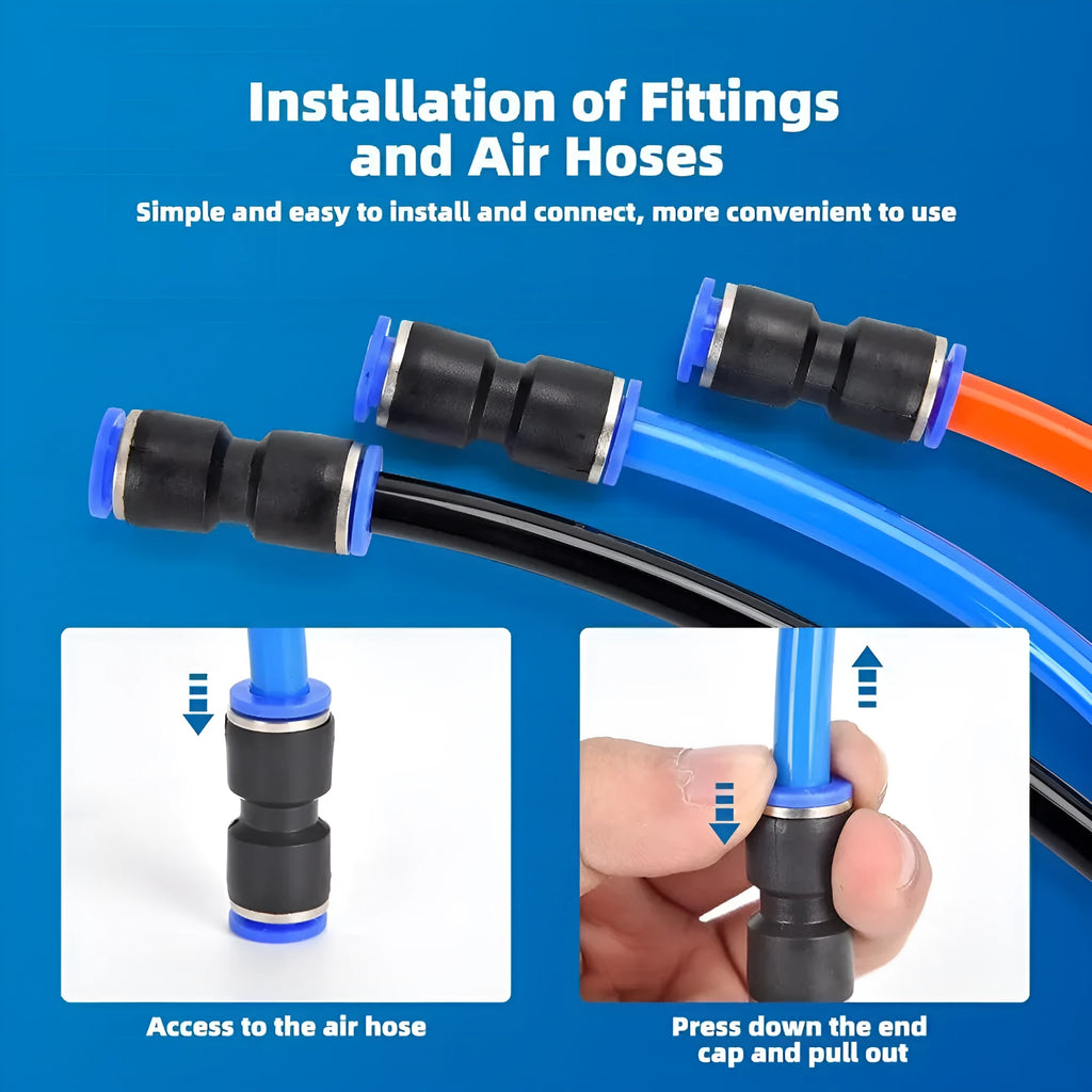 60-piece pneumatic connector kit with push-in fittings in R1/4 and R1/2 thread sizes