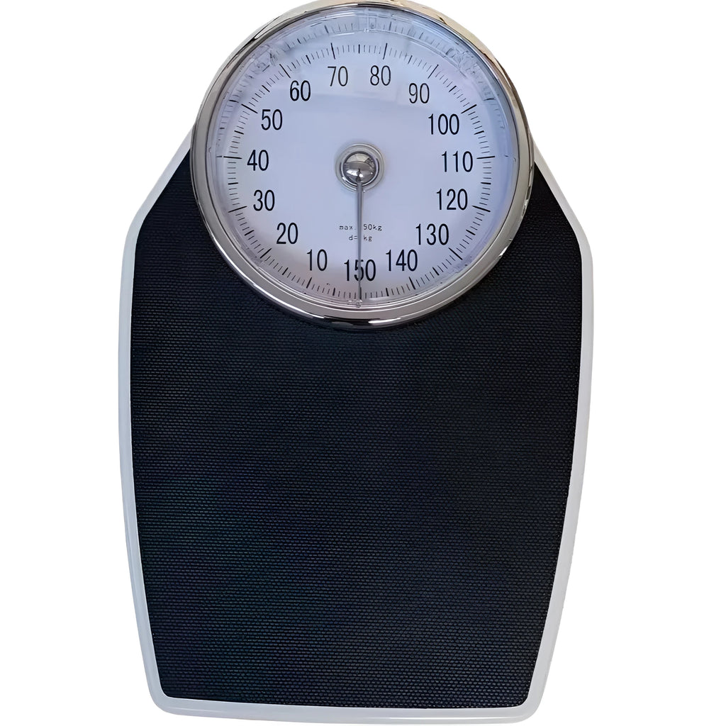 Black mechanical bathroom scale with large analogue dial on a 47x35cm platform.