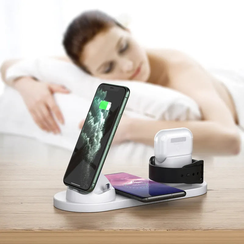 Black and white 6-in-1 wireless charging station with phone holder, AirPods and iWatch charging