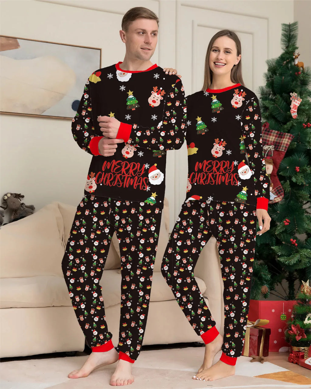 Family wearing matching Christmas pajamas with plaid design, including adults, children and dog in coordinated sleepwear