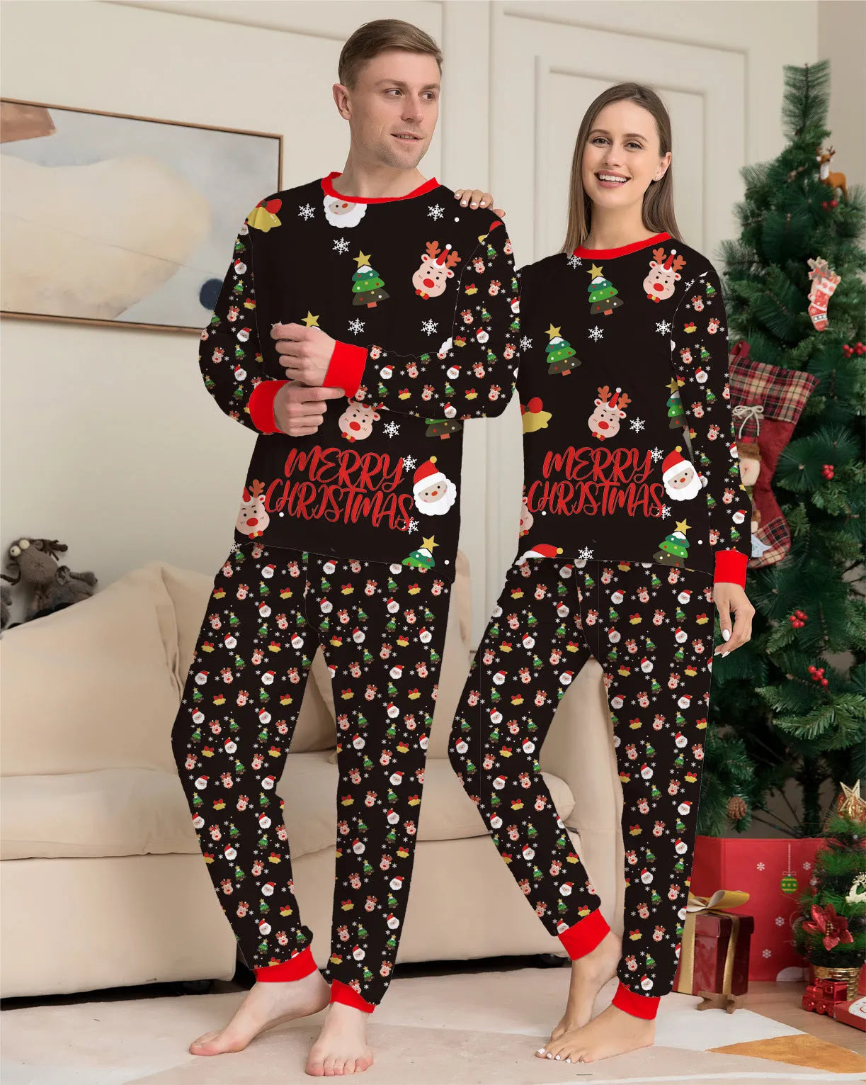 Family wearing matching Christmas pajamas with plaid design, including adults, children and dog in coordinated sleepwear