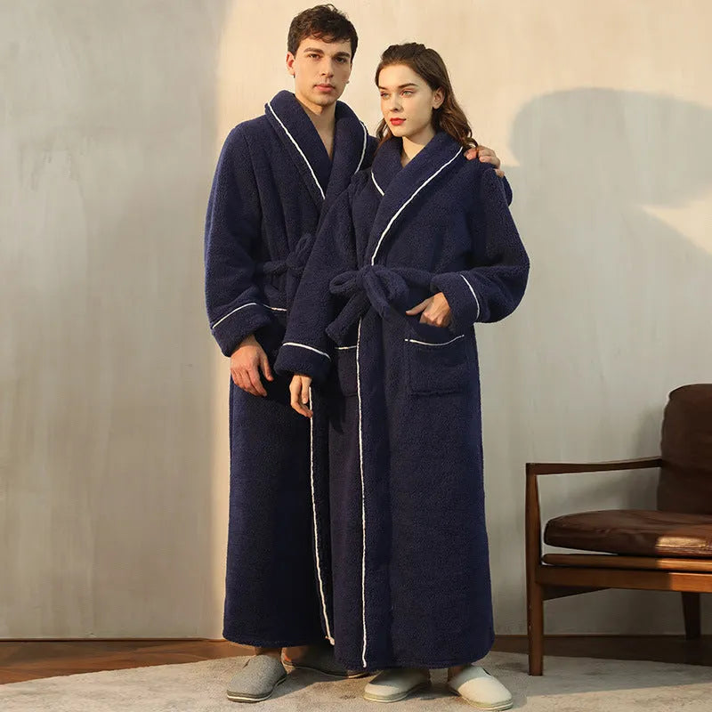 Thickened cotton velvet couple's bathrobe set in winter flannel fabric