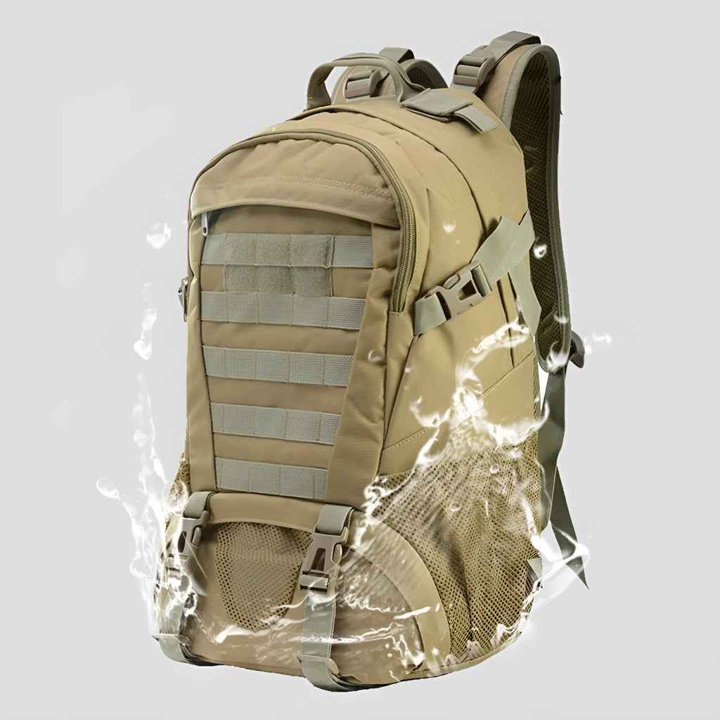 Outdoor mountaineering backpack in Oxford cloth with air pillow belt, shown in camouflage colour.