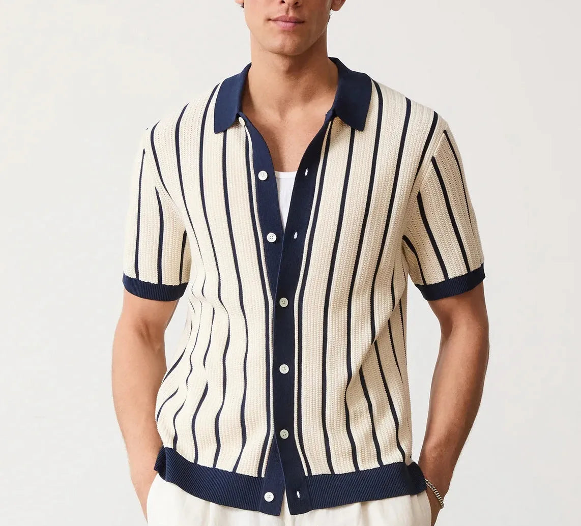 Men's white lapel collar knitted shirt in ice silk spandex fabric with asymmetric design detail