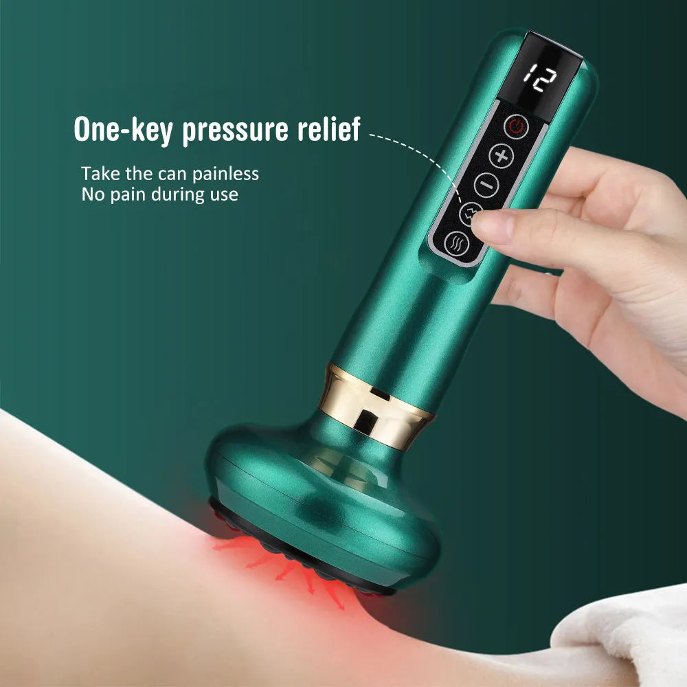 Green electric vacuum cupping and gua sha massager device with USB cable.