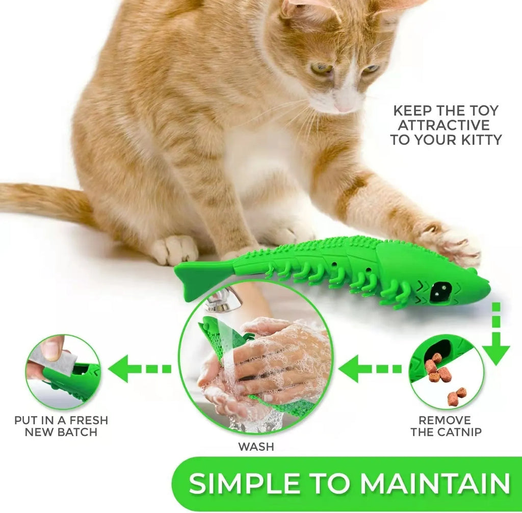 Blue hard rubber catnip toy with 360-degree toothbrush design for dental care and play.