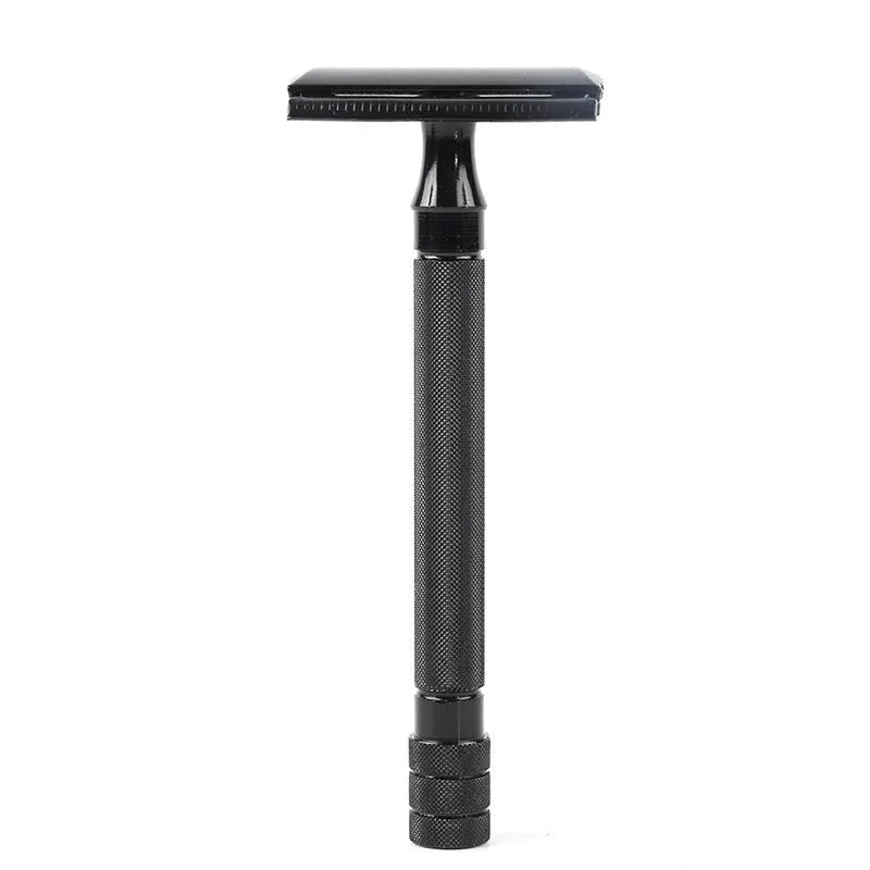 Traditional manual metal shaving scraper and brush set in black or silver finish.