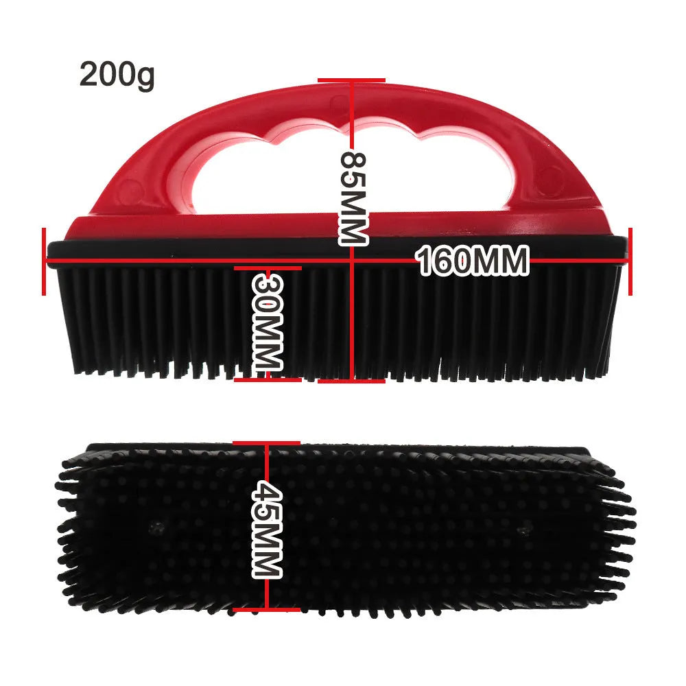 Red silicone pet hair removal brush with rubber bristles for grooming and cleaning