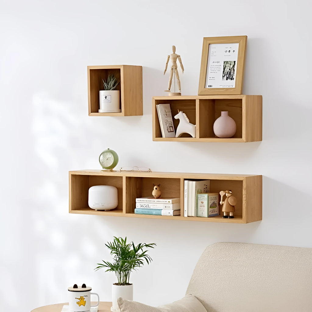Solid white oak wall-mounted lattice bookshelf multi-grid storage rack in wood or walnut colour